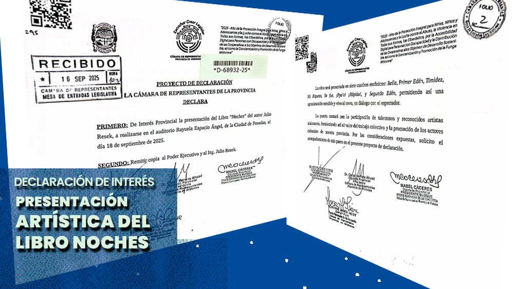 Copia de la Declaración de Interés Provincial de la Cámara de Representantes de Misiones para la presentación del libro Noches de Julio Resek, con firmas de autoridades.