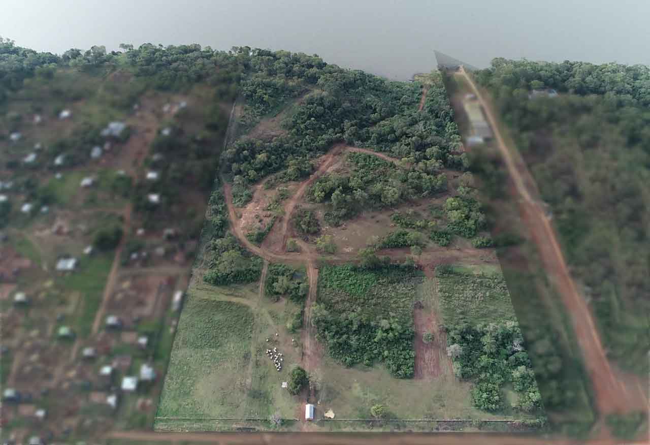 Vista aérea de La Selva: barrio cerrado frente al río en Candelaria Vista aérea del barrio cerrado La Selva en Candelaria, Misiones, con frente al río Paraná