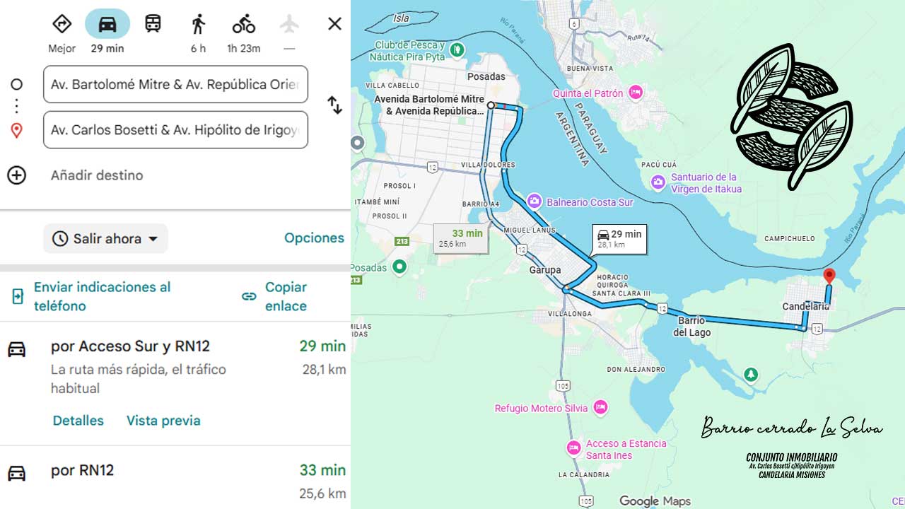 Ruta Posadas → La Selva: 29–31 min (28–29 km) por autovía y asfalto Mapa Google: Posadas a La Selva en Candelaria, 29–31 minutos y 28–29 km por Acceso Sur y RN12
