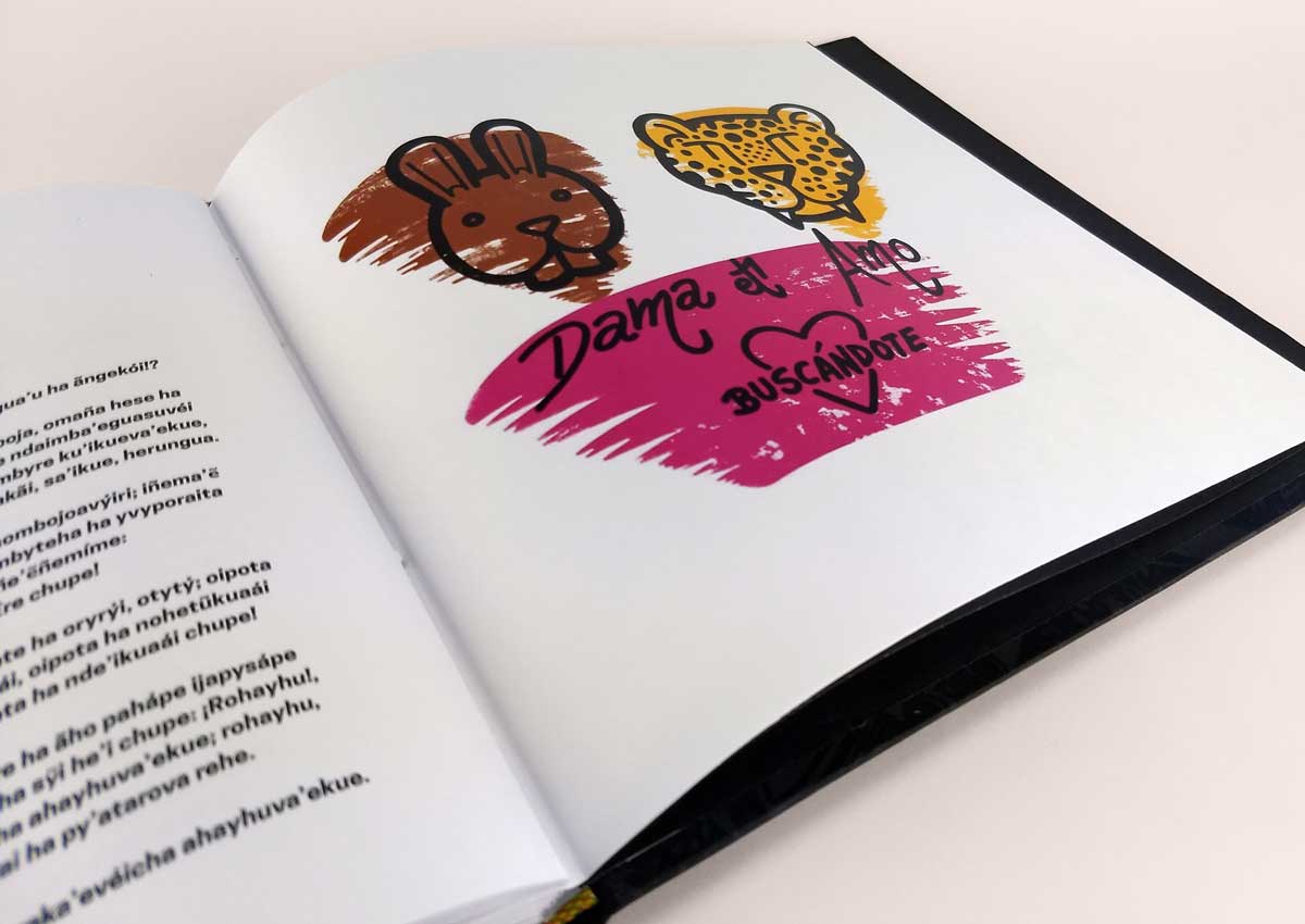 Página del libro Dama y Amo de Julio Resek con ilustraciones de la DAMA y el AMO y texto Buscándote