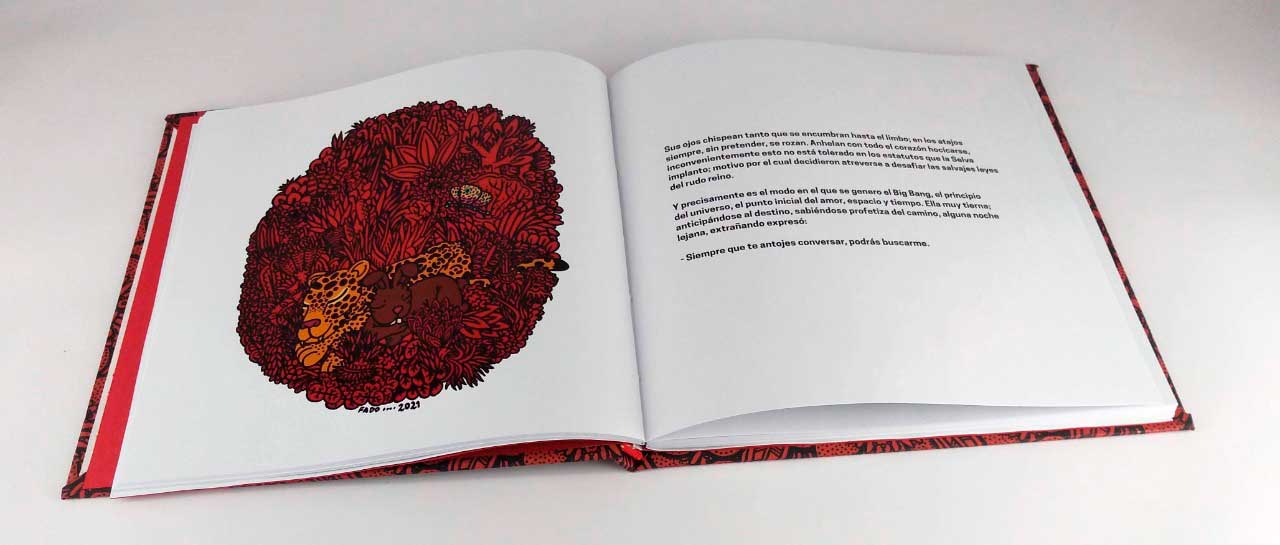 Página interior del libro Dama y Amo de Julio Resek con ilustración en tonos rojos y texto poético