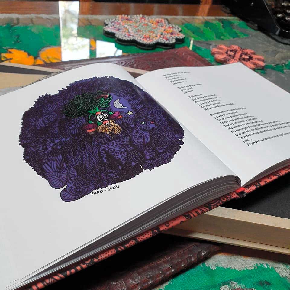 Página interior del libro Dama y Amo de Julio Resek con ilustración en tonos violetas y poema acompañado de figuras naturales