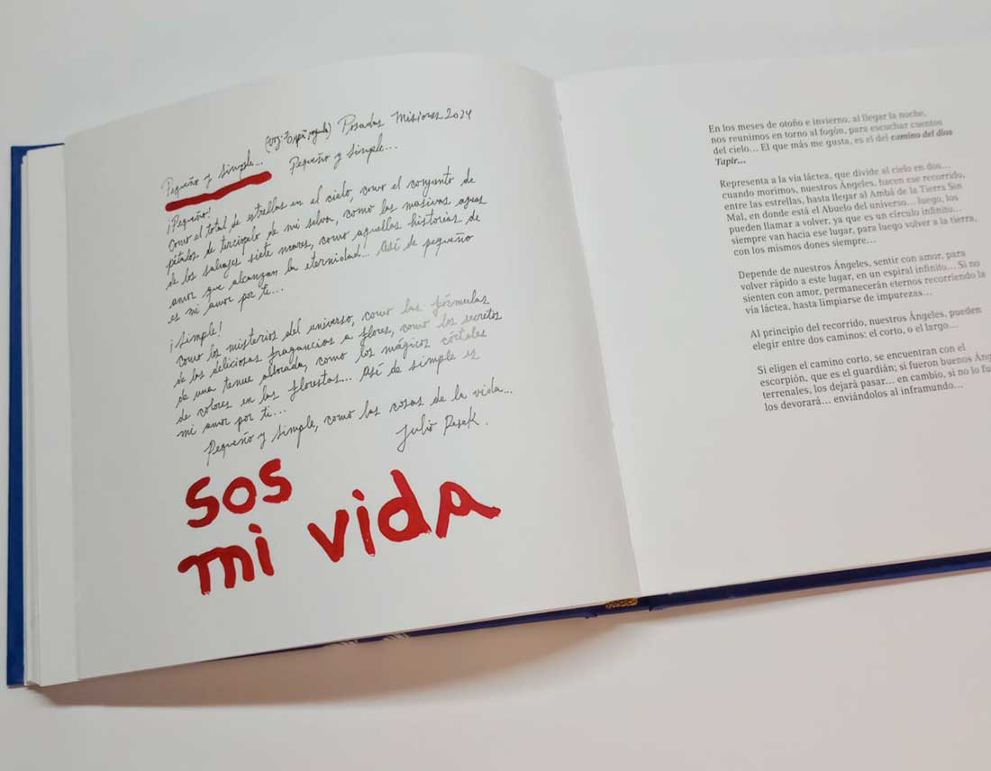Página del libro NOCHES de Julio Resek con texto manuscrito y la frase Sos mi vida en rojo
