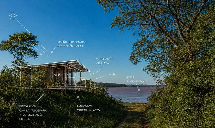 oceto arquitectónico integrado a la naturaleza en La Selva, con vista al río Paraná en Candelaria, Misiones.