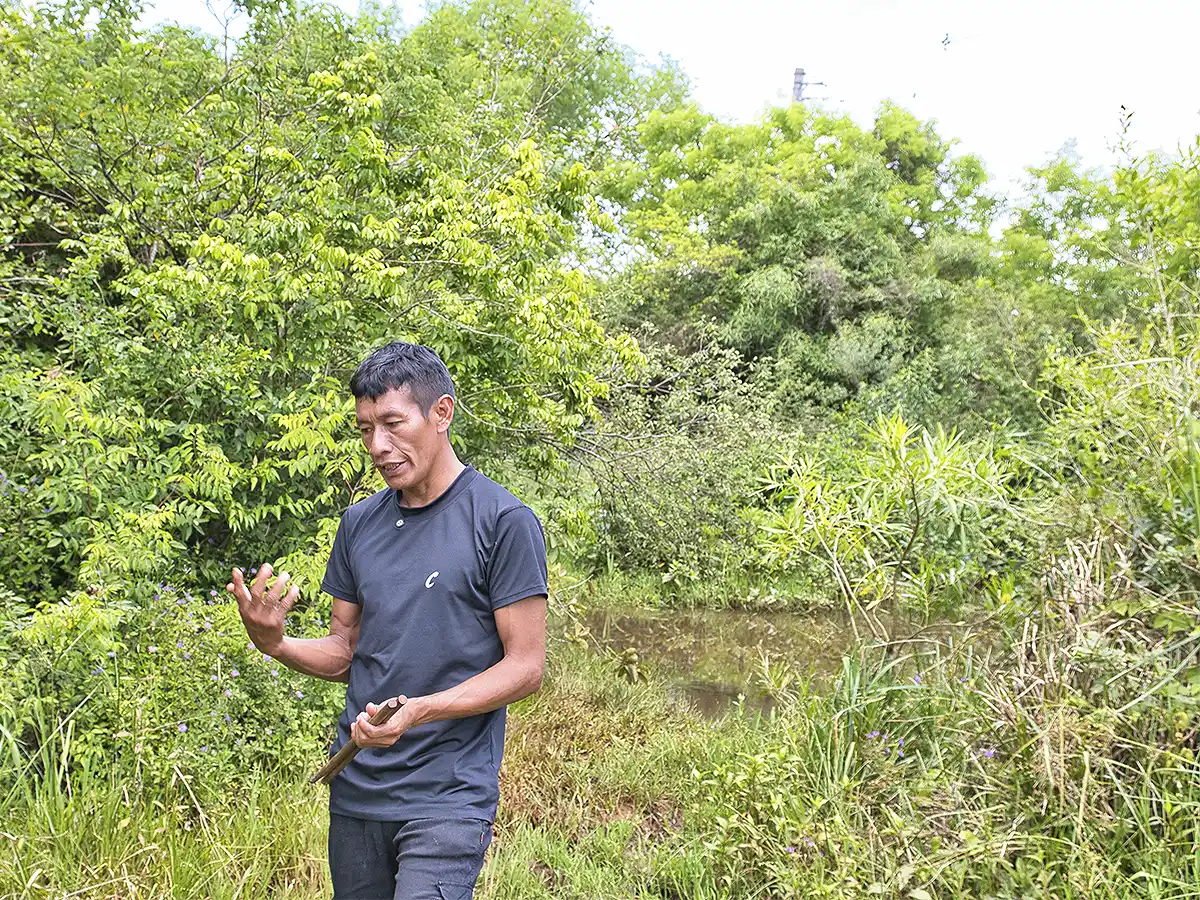 Cacique Domingo Moreira de la comunidad Mbya Guaraní Ivytu Porá explicando saberes constructivos bioclimáticos durante visita al Barrio Cerrado La Selva de Constructora Resek, Candelaria, Misiones