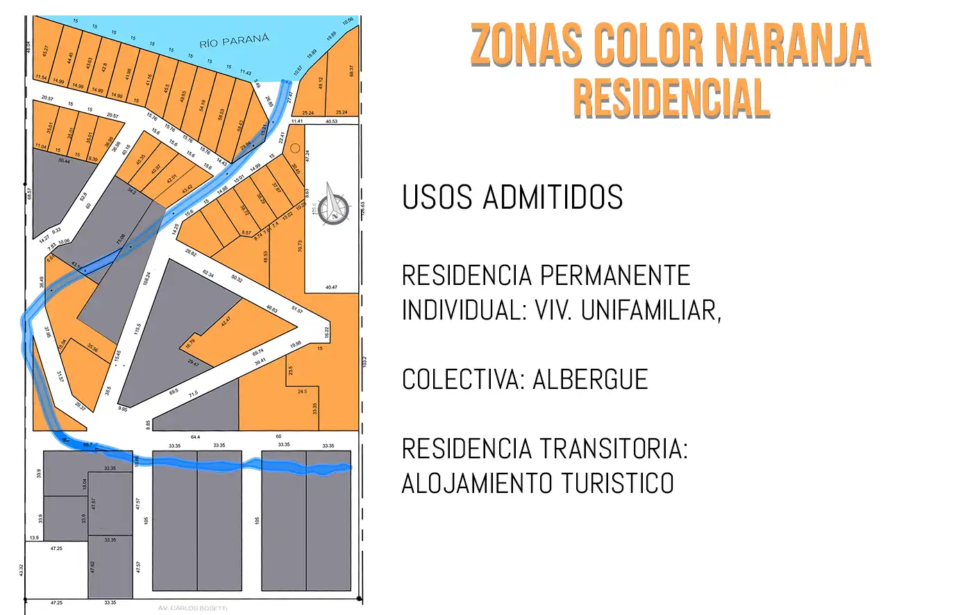 ano de zonas color violeta destinadas a comercios y servicios en Barrio Privado La Selva, Candelaria Misiones.