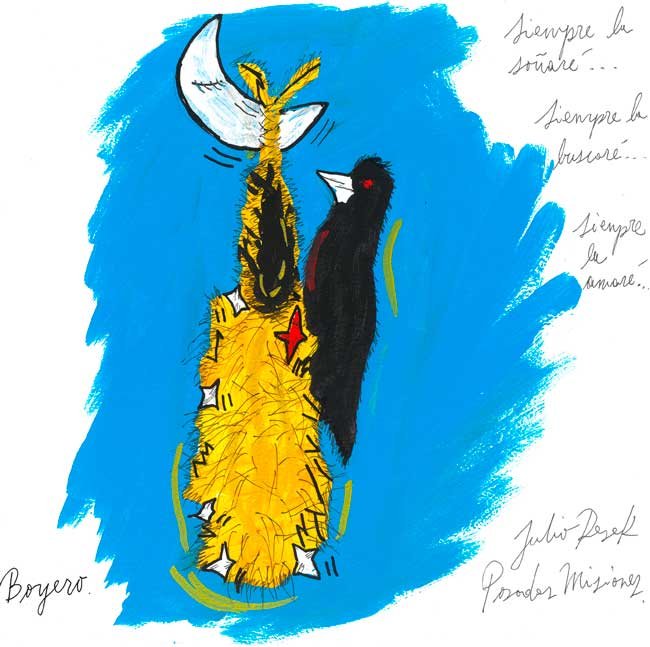 Ilustración del poema Boyero del libro Tus cielos de Julio Resek con una figura simbólica y un ave negra bajo la luna