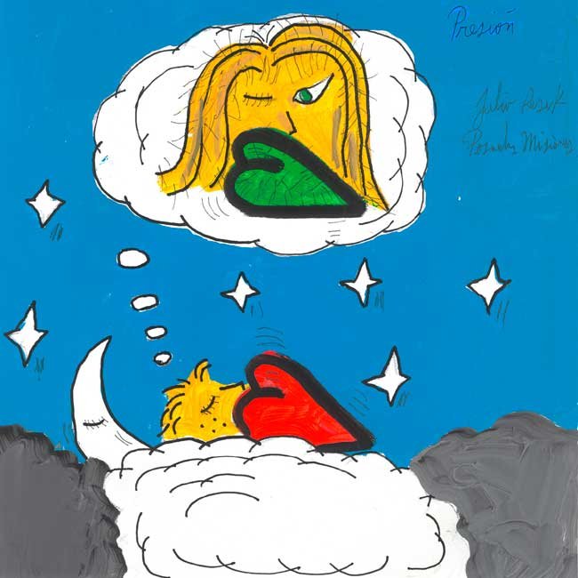 Ilustración del poema Presión del libro Tus cielos de Julio Resek con una figura soñando bajo un cielo nocturno