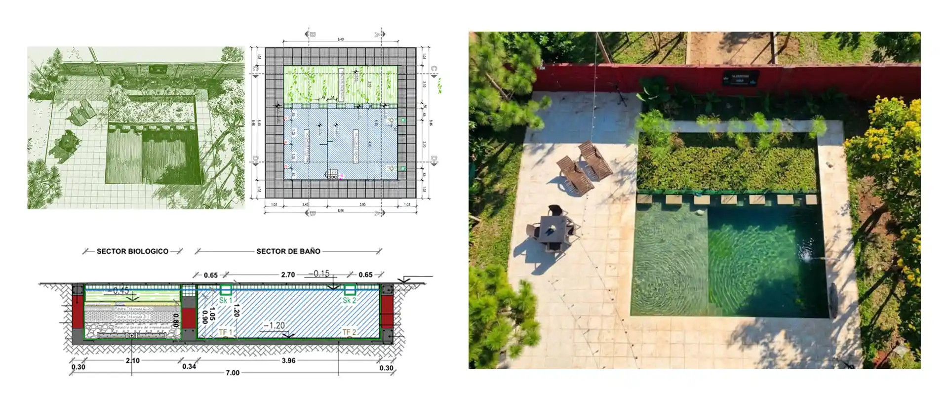 Biopiscina de arquitectura bioclimática construida en la sede de Constructora Resek en Posadas, Misiones, modelo de referencia para las viviendas del Barrio Cerrado La Selva en Candelaria.