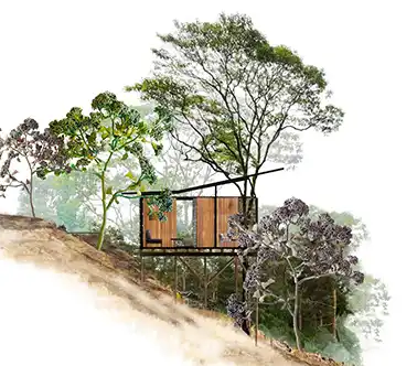 lustración estilo sketch de una casa bioclimática de madera construida sobre pilotes en la pendiente de Barrio La Selva, sobre la costa del Paraná en Candelaria, Misiones; rodeada de vegetación autóctona y árboles.