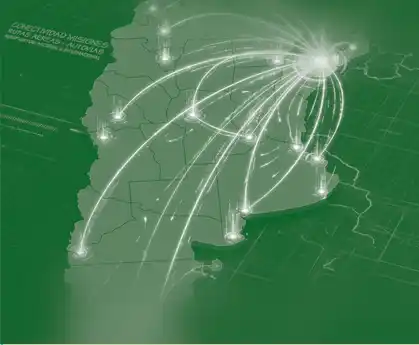 Mapa de Misiones mostrando conectividad estratégica de Barrio Cerrado La Selva. Ubicación central con integraciones regionales, flujos de conexión, puntos nodales. Candelaria, 29-31 minutos de Posadas