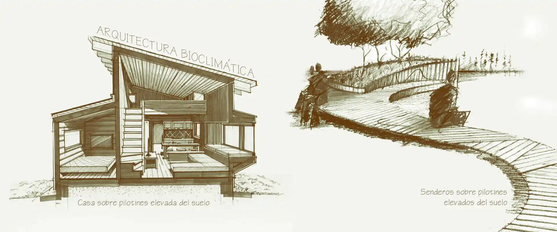 Esquemas de arquitectura bioclimática en Barrio Cerrado La Selva: vivienda sobre pilotines y sendero elevado del suelo, Candelaria, Misiones