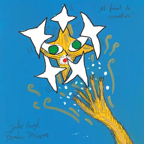 Ilustración de una estrella dorada con cola de cometa y estrellas blancas alrededor, poema Al final te encontraré, libro de Julio Resek