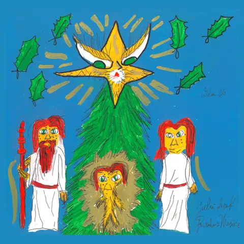  Ilustración de un árbol de Navidad con una estrella de ojos verdes en la copa y tres figuras guaraníes vestidas de blanco, Día 25, libro de Julio Resek