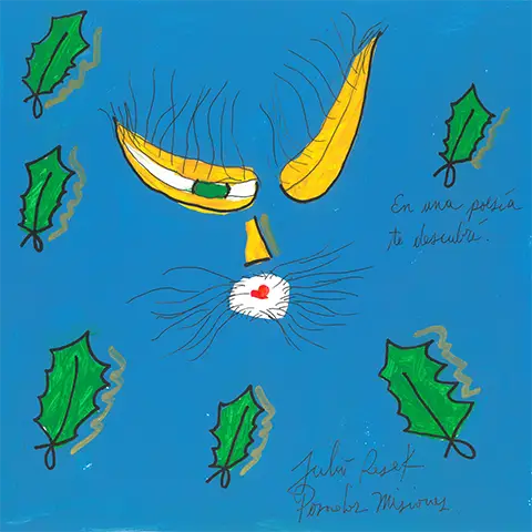 Ilustración de una forma dorada con ojo verde entre hojas de acebo, poema En una poesía te descubrí, libro de Julio Resek