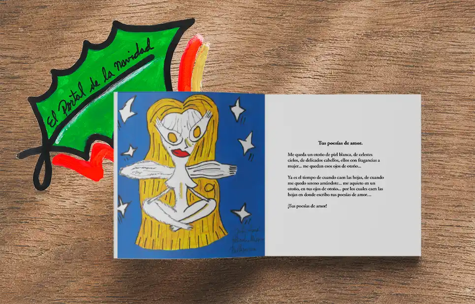 Libro abierto en la página del poema Tus poesías de amor, mockup de El Portal de la Navidad de Julio Resek sobre fondo de madera