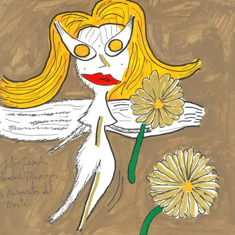 Ilustración de una figura alada de cabello dorado junto a dos margaritas silvestres, poema Las margaritas del monte, libro de Julio Resek