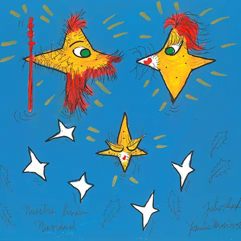 Ilustración de dos criaturas estelares con cresta roja y una tercera más pequeña entre estrellas blancas, poema Nuestra linda Navidad, libro de Julio Resek