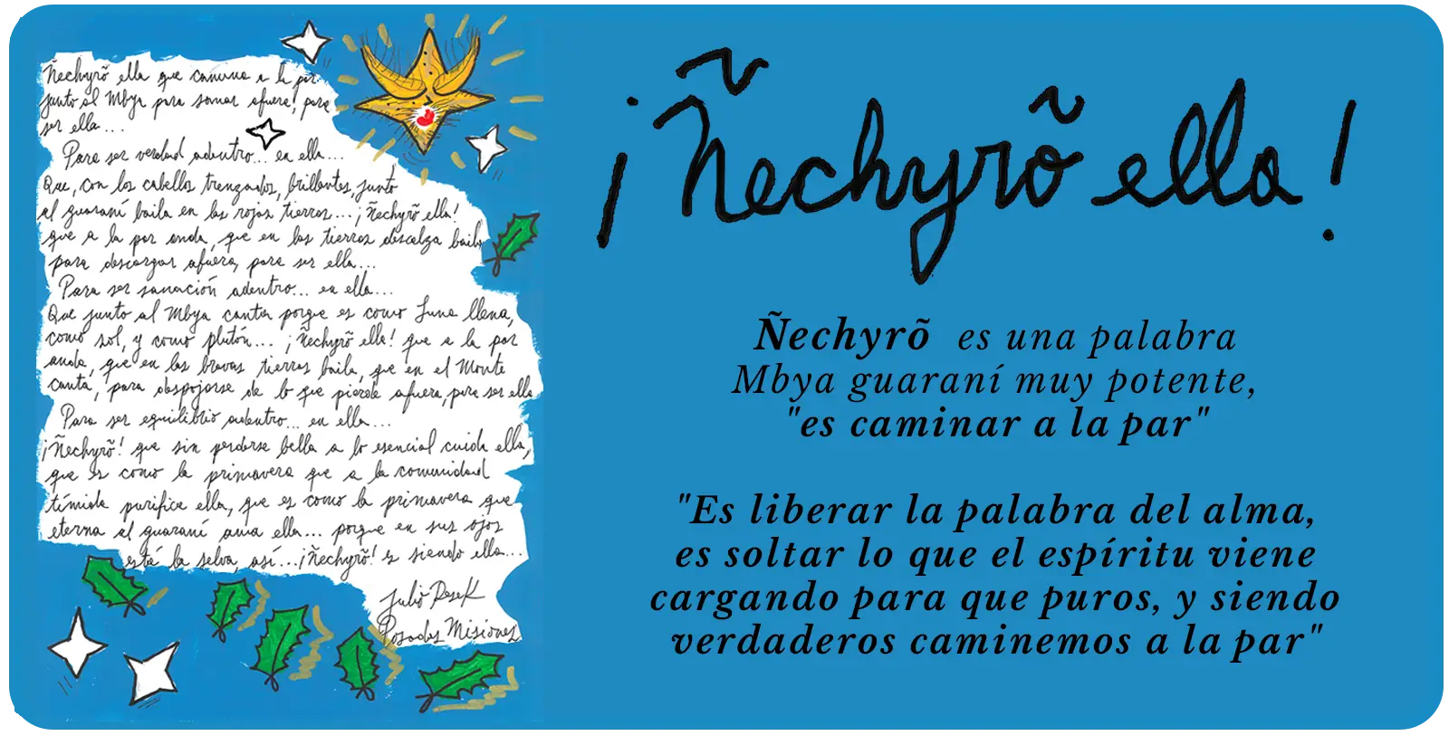 Manuscrito original del poema Ñechyrõ ella con su traducción, libro El Portal de la Navidad de Julio Resek
