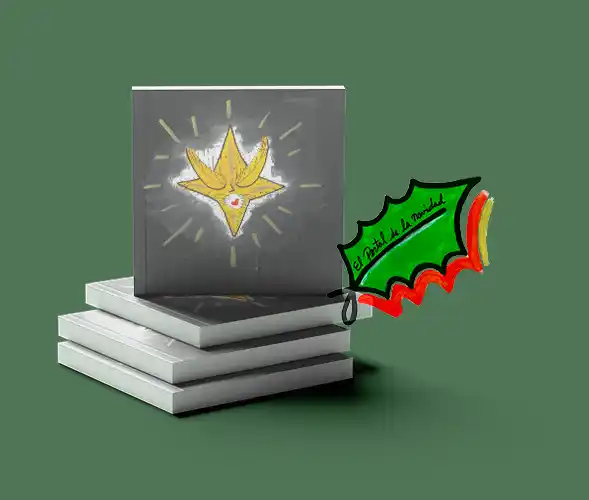 Mockup de pila de libros cuadrados con la portada de El Portal de la Navidad de Julio Resek sobre fondo verde