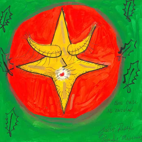  Ilustración de una estrella dorada de ojos cerrados sobre un círculo rojo y fondo verde, poema Que casi es Navidad, libro de Julio Resek