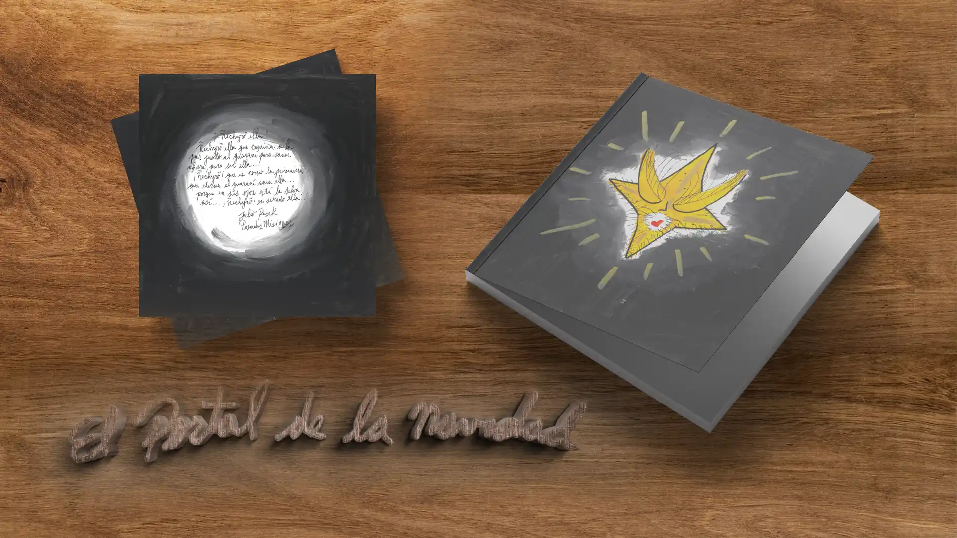 Mockup de tapa y contratapa de El Portal de la Navidad sobre fondo de madera, con el título en letras talladas, libro de Julio Resek