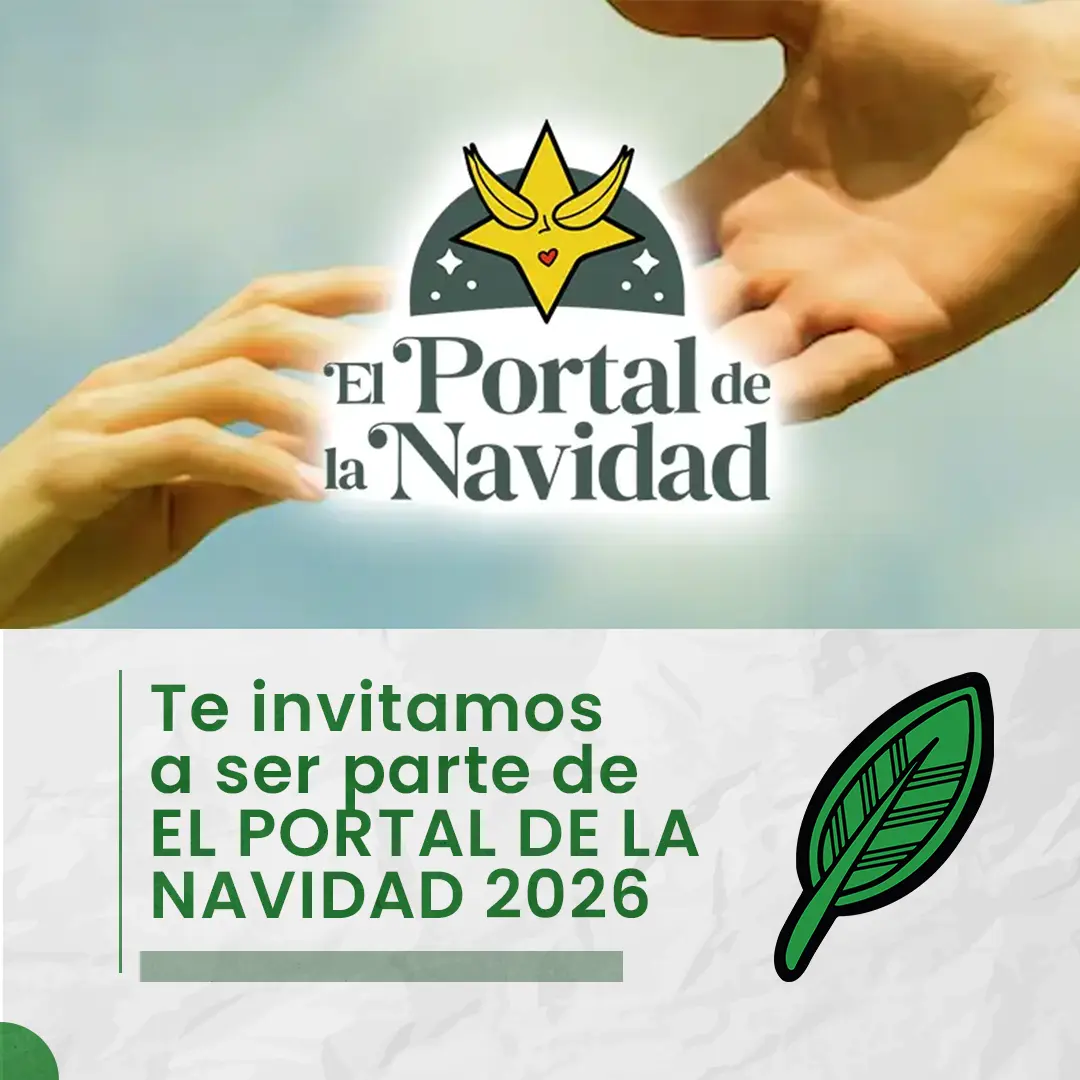 Dos manos que se acercan sobre un cielo suave, con el logo de El Portal de la Navidad al centro. Debajo, el texto “te invitamos a ser parte de El Portal de la Navidad 2026” y una hoja verde que es isotipo de la marca Constructora Resek