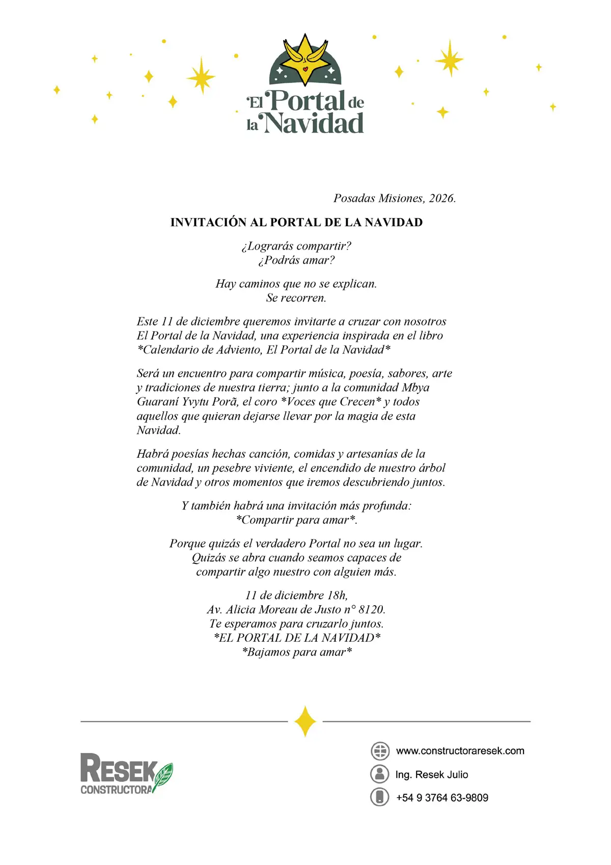 Invitación al Portal de la Navidad 2026, con el logo de la estrella amarilla. Viernes 11 de diciembre, 18 h, Av. Alicia Moreau de Justo n° 8120, Posadas.