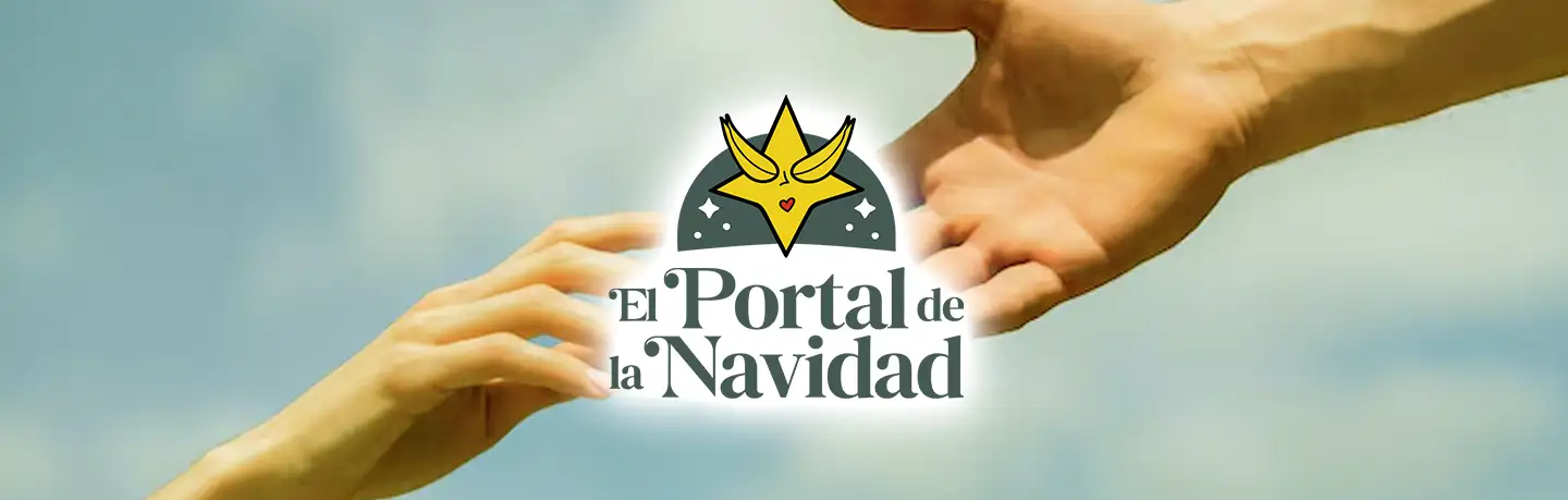 Dos manos que se acercan sobre un cielo suave, con el logo de El Portal de la Navidad en el centro: una estrella amarilla con un corazón rojo sobre un arco verde.